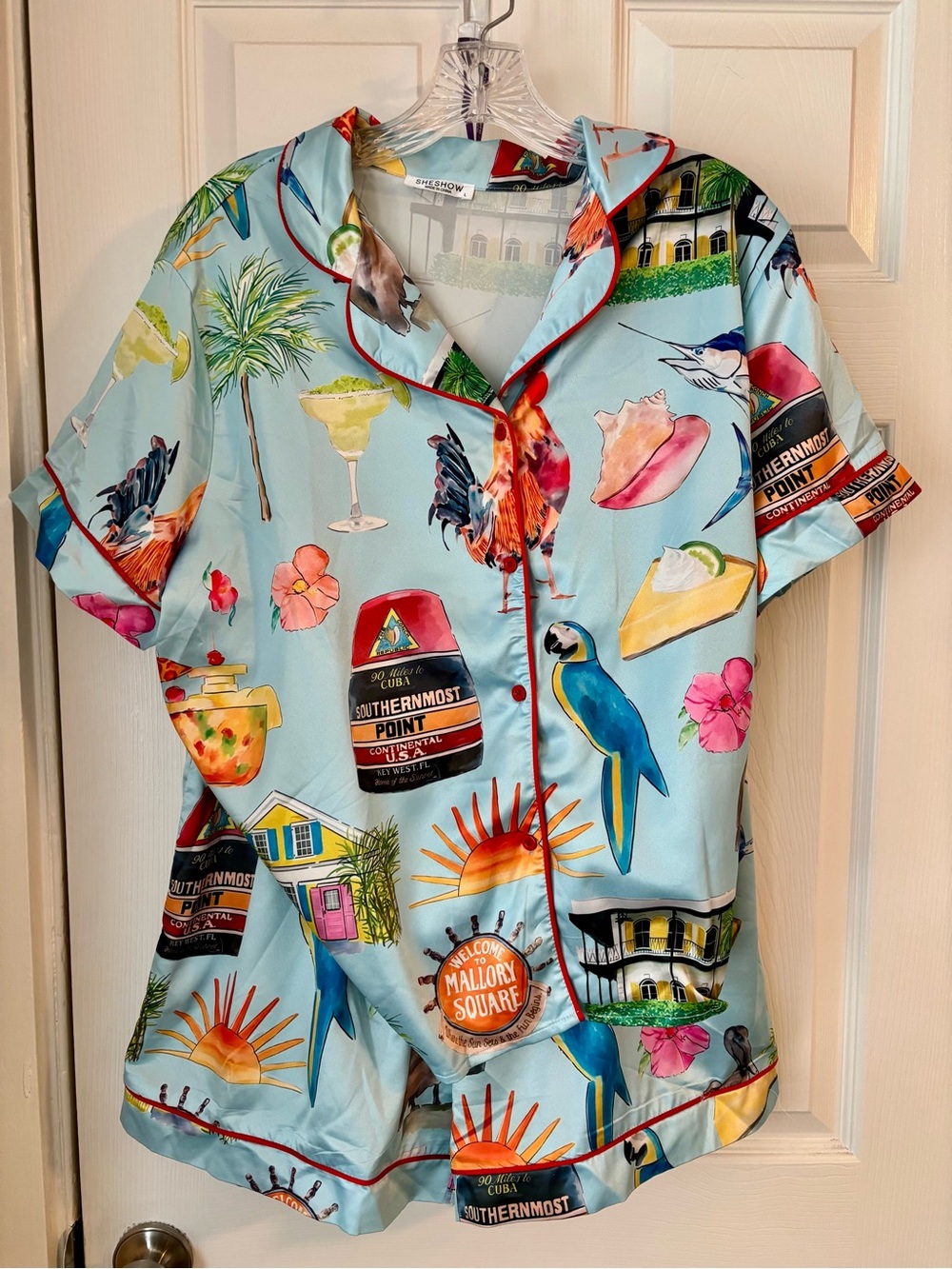Women’s Key West Themed Light Blue Tropical Print Shorts Pajama Set